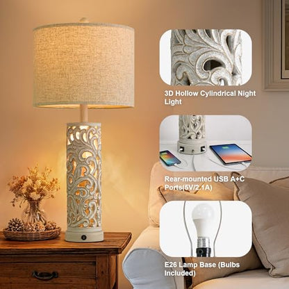 2-in-1 Light Table Lamp Set of 2 for Living Room, 28.5" Farmhouse Bedside Lamps with USB Charging Port, Main&Night Light & Dual Switches, Nightstand Lamp for Bedroom Home Office(Bulb Included) - color: Retro Grey