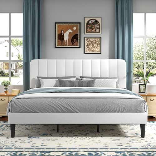 VECELO King Size Bed Frame with Upholstered Headboard, Velvet Platform Bedframe Mattress Foundation, Strong Wood Slat Support, No Box Spring Needed,White - color: White, size: King, style: Bed Frame