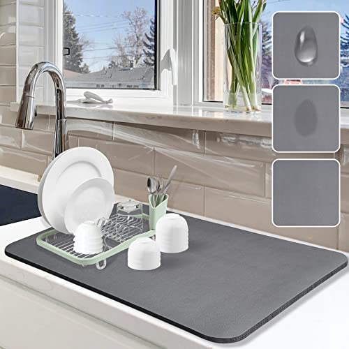 Dish Drying Mat for Kitchen Counter, 16"x24" Pad with Rubber Backed (Grey) | Hide Stain Anti Absorbent for Kitchen Counter, Non-slip Drying Mat for Coffee Machine Dish Rack - size: 16" x 24"