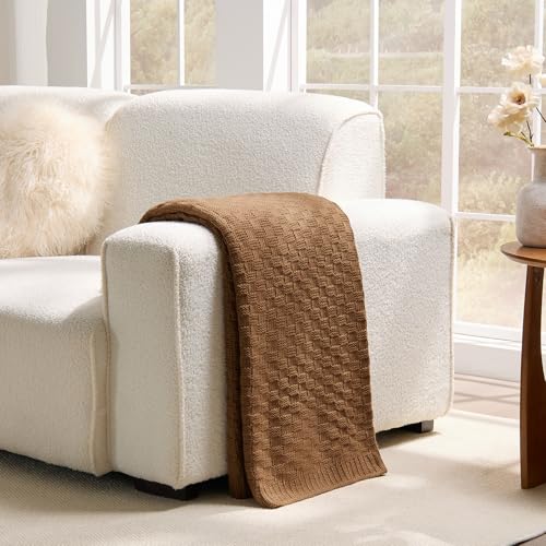 Light Brown Throw Blanket, Cute Checkerboard Knit, 50x60 Inches | Soft Cozy Lightweight Knit Blanket for Couch Bed, Warm and Breathable, Reversible Textured Knit Throw, Caramel Brown - color: Check-light Brown, size: 50"x60"