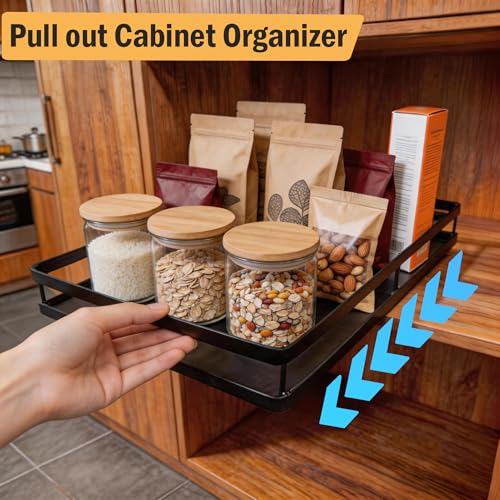 AOVA Pull Out Under Sink Organizer, Single-Tier Metal Sliding Shelf | Carbon steel basket, smooth slide-out rails, no-drill adhesive setup, for kitchen, pantry and bathroom cabinets