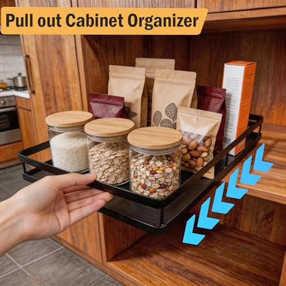 AOVA Pull Out Under Sink Organizer, Single-Tier Metal Sliding Shelf | Carbon steel basket, smooth slide-out rails, no-drill adhesive setup, for kitchen, pantry and bathroom cabinets