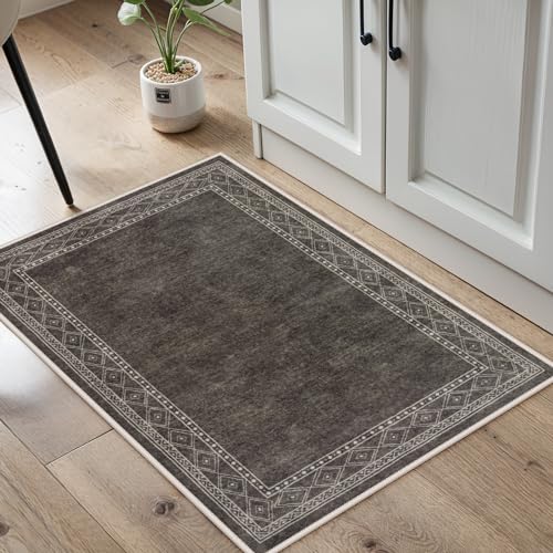 Lahome Modern Bordered Kitchen Rugs Non Slip Washable, 2x3 Rugs for Entryway Ultra-Thin Soft Door Mat Indoor Entrance Rubberback Throw Carpet for Bathroom Bedroom Front Door(2x3ft,Brown) - color: Grey/Brown, size: 2' x 3'