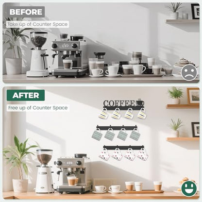 EsLuker.ly Mug Holder Rack Coffee Cup Hanger Wall Mount, 3 Pack Black | Metal Wall Cup Shelf Organizer Stand with 12 Hooks, Fits Most Mugs Display for Home Kitchen, Space-Saving Coffee Bar Enhancer - style: Upgrade 12 Hooks