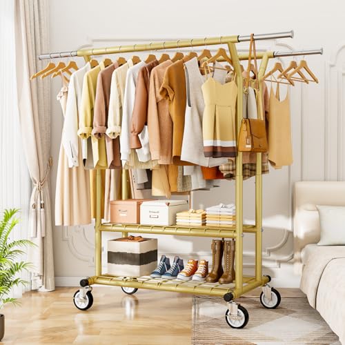 HYSEYY Heavy Duty Clothes Rack, Rolling Clothing Racks With Shelves Load 620 LBS, Double Rod Clothing Racks for Hanging Clothes, Portable& Adjustable Clothes Rack with Wheels Garment Rack,Gold - color: Gold