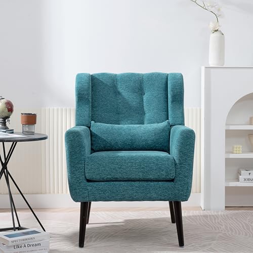 Accent Chair, Living Room Chairs with Solid Wood Legs & Pillow | Chairs Living Room with High Tufted Backrest, Reading Chair for Bedroom/Office, Chenille Fabric - color: Teal