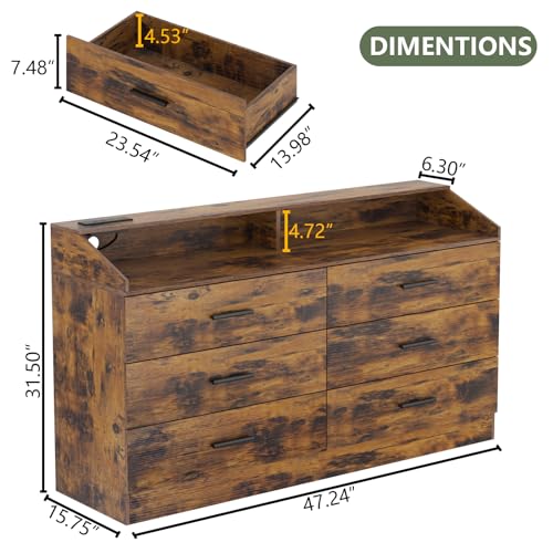 6 Drawer Dresser for Bedroom with Charging Station, Dresser with LED Light | Chest of Drawers for Closet, Modern Dressers with Open Storage Cubby, Double Wide Dressers - color: Brown