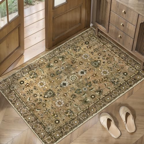Tangsoo Brown 2x3 Washable Rugs for Entryway, Non Slip Small Area Rug | Farmhouse Accent Rug, Vintage Brown Indoor Door Rug Mat, Oriental Soft Low Pile Throw Rugs for Entrance Entry Kitchen Bedroom - color: Floral/Brown, size: 2' X 3' (Rectangular)
