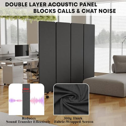 4 Panel Soundproof Room Divider W/Wheels, Office Divider with Whiteboard | 66" H with Detachable Whiteboard/Clips/Hooks/Pushpins,Wheeled Room Dividers, Easy to Move,For Conference Room Partitions - color: Dark Grey, size: 4-Panel-with Board