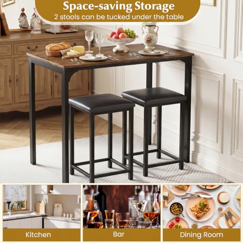 COSTWAY Dining Table Set, Counter Height Table, 2 Upholstered Stools | Rustic Brown & Black, PU Leather Seats, Metal Frame, Industrial, Space-Saving for Small Space, Dorm & Kitchen Island - color: Rustic Brown & Black