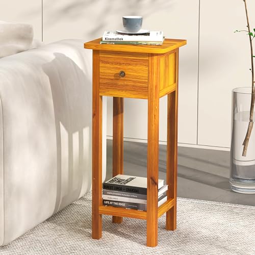 Narrow Side Table, Tall Nightstand with Drawer and Shelf, Small Bedside Tale for Small Space, Living Room End Tables, No Assembly (1, Brown) - color: Brown