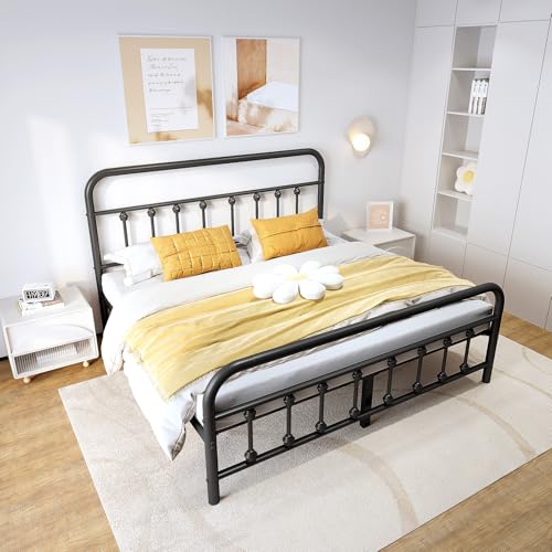 Vengarus King Metal Bed Frame with Victorian Headboard & Footboard, Black | 14" King Metal Platform Frame, Heavy Duty Steel Slat Support, Noise Free, No Box Spring Needed, Easy Disassembly & Transport - size: King Size