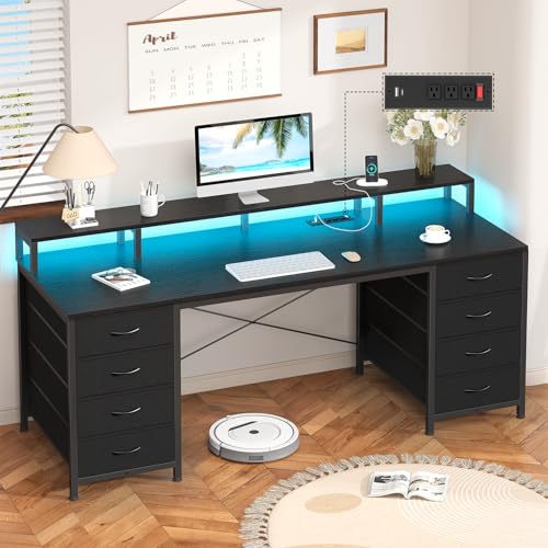 60" Computer Desk with 8 Drawers & Monitor Stand for Home Office, Bedroom | Gaming Desk with LED Lights & Power Outlets, Home Office Desk with 8 Fabric Drawers, Black - color: Black, size: 18.9"D x 59.8"W x 34.9"H