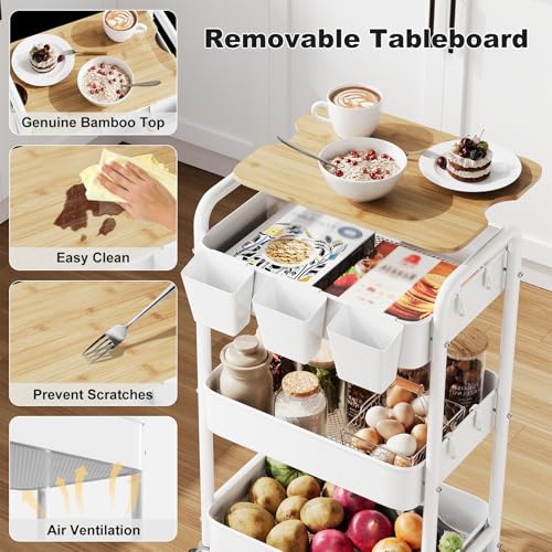 3 Tier Rolling Cart with Wood Table Top, White Bedside Cart on Lockable Wheels, Metal Utility Storage Organizer Carts for Kitchen, Art, Craft, Nail, Salon, Lash, Nursery, Bathroom, Baby Diaper Caddy - color: White