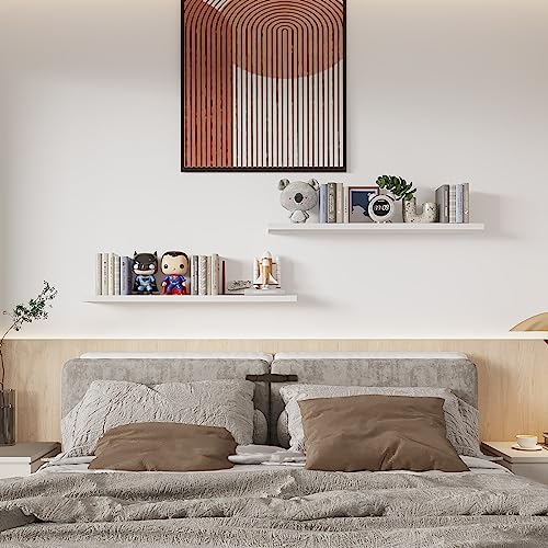SAUMONIERES Floating Wall Shelves for Bedroom Bathroom Wall Mounted Solid Wood 36 Inches Long Shelf Set of 2, White Floating Shelves - color: White, size: 36 Inch-2 shelves