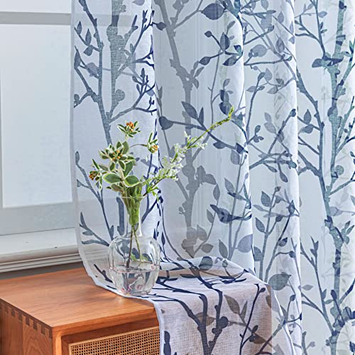 White Navy Blue Curtains 84 Inch Length 2 Panels Set, Semi Sheer Window Curtain Drapes for Living Room/Bedroom, Blue Nature Tree Branches Patterned Linen Textured Curtains, Grommet Top W52XL84 - color: Navy Blue, size: 52"W x 84"L (Pack of 2)