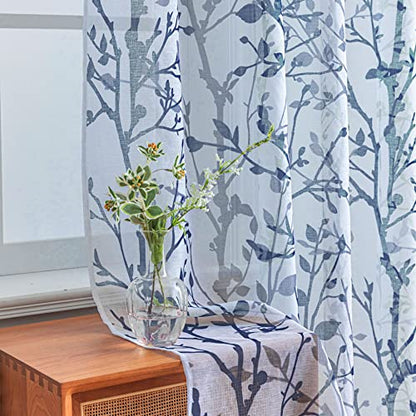 White Navy Blue Curtains 84 Inch Length 2 Panels Set, Semi Sheer Window Curtain Drapes for Living Room/Bedroom, Blue Nature Tree Branches Patterned Linen Textured Curtains, Grommet Top W52XL84 - color: Navy Blue, size: 52"W x 84"L (Pack of 2)