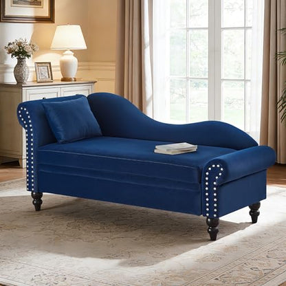 ERYE Velvet Upholstered Right Facing Chaise Lounge Chair, Blue Chaise Lounge Storage W/Nailhead Trim, Wood Legs, Classic Recliner Lounger Accent Sofa for Living Room Bedroom - color: Navy Blue/R