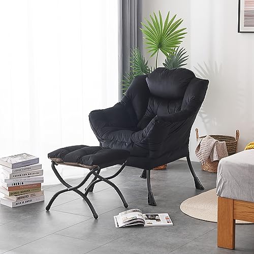 Lazy Chair with Ottoman, Comfy Accent Reading Chair, Velvet Black | Foldable Footrest,Removable Cover,with Armrests and Side Pockets,Upholstered Lounge Chair for Bedroom,Dorm,Office,Small Space - color: Velvet Black