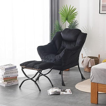 Lazy Chair with Ottoman, Comfy Accent Reading Chair, Velvet Black | Foldable Footrest,Removable Cover,with Armrests and Side Pockets,Upholstered Lounge Chair for Bedroom,Dorm,Office,Small Space - color: Velvet Black