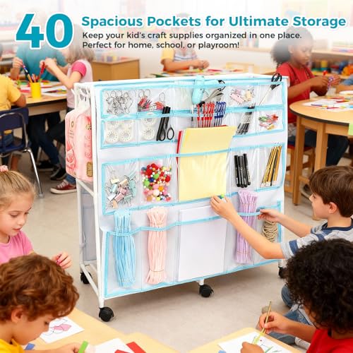 Craft Cart with Wheels - 40 Storage Pockets - Portable Organizer for Arts & Craft Supplies - Spacious, Easy to Move - Perfect Art Cart Organizer for Kids, Creative Projects, Home Education