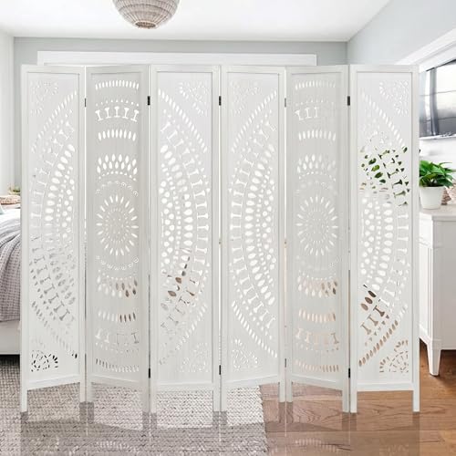 6 Panel White Room Divider, 67 Inch Wood Carved Privacy Screen, Bohemian Style Folding Room Divider, Portable Partition Wall Divider for Room Separation (White)