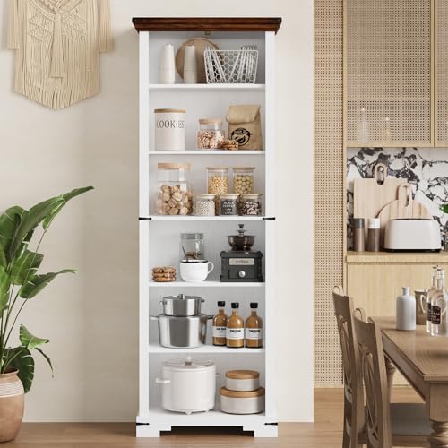 6-Tier Farmhouse Bookshelf, 73 inch Tall Book Shelf with Unique Design & 2 Adjustable Shelves, Wooden Bookshelf for Study Room, Living Room, Kitchen, Bedroom (White) - color: White, size: 6-tier