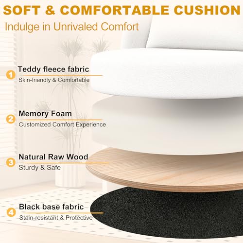 Misolant Vanity Chair with Back, Armless Cute Office Chair with Wheels for Girls, Teddy Fleece Fabric Small Desk Chairs with Adjustable Height, Lumbar Support Pillow, 360°Swivel for Makeup Room, White - color: White