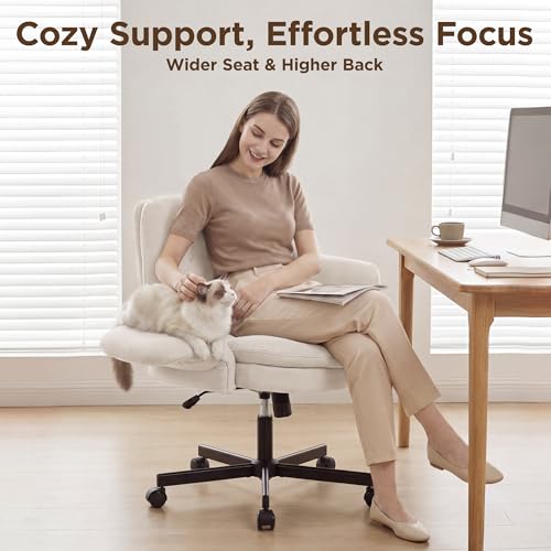 FiveWillowise Cross Legged Office Chair with Flip-up Arms&Low Back,Beige | Criss Cross Chair With Thicken Wide Seat,Lounge Makeup Vanity Chairs with Side Pockets,Comfy Home Office Desk Chair,Chenille - color: Beige
