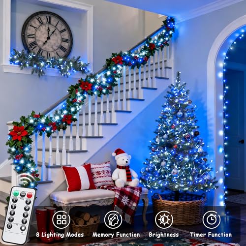 JMEXSUSS 2 Pack Blue and White Battery String Lights, Each 33ft 100 LED | Battery Powered Christmas Lights with Remote for Outside Party Birthday - color: Blue&White, size: 2*100LED
