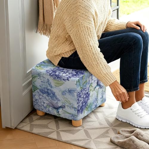 Hummingbird Hydrangea Print Ottoman Cover, Stretch Square Ottoman Slipcovers Machine Washable Foot Stool Cover for Living Room, Folding Storage Furniture Protector - color: Hummingbird Hydrangea