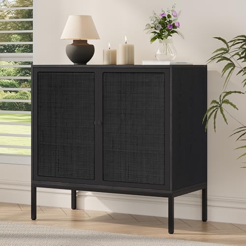 31.5" W Black Sideboard Buffet Cabinet with Painted Natural Rattan Doors, Boho Rattan Cabinet, Accent Credenza Liquor Cabinet, for Living Room Entryway Kitchen, Metal Legs - color: Full Black, size: Square-1 pcs
