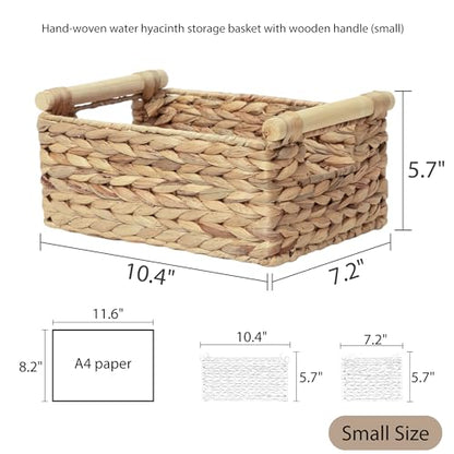 Rectangle Water hyacinth wicker storage basket Organizer(Small) | Handwoven Shelf basket with Wooden Handles for Pantry & Closet - size: Small