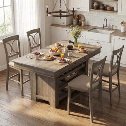 IDEALHOUSE 60" Wood Dining Table for 4-6, Counter Height Kitchen Table with Wine Rack and 2 Drawers, Open Shelves and Sturdy Legs, 4-Tier Stationary Kitchen Island for Dining Room and Kitchen - color: Grey