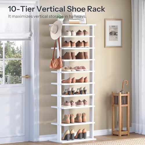 HOOBRO 10 Tiers Vertical Shoe Rack, Wooden Shoe Storage Organizer with Hooks, Narrow Shoe Tower for 20 Pairs, Space Saving, for Entryway, Living Room, Bedroom, White WT140XJ01 - color: White, size: 10 Tier (19.7"W)