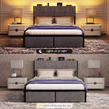 J.Fkne Queen Bed Frame with Charging Station and LED Lights, Metal Platform Bed with 2 Storage Drawers, Upholstered Headboard, Noise Free, No Box Spring Needed, Easy Assembly