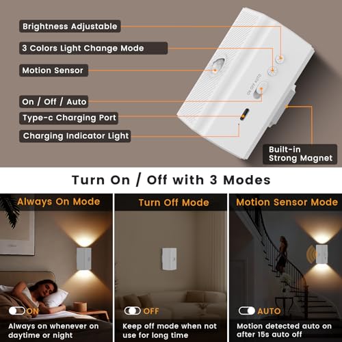easuntec Rechargeable Motion Sensor Night Light Warm White, Wireless Dimmable, Magnetic Stick-on for Bedroom Stairs, Kids Elderly Baby, Long Lasting Battery for Cabinet, 2 Pack (Warm White, 2 Pack) - color: Warm White