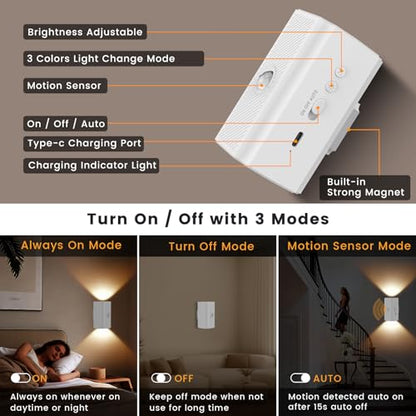 easuntec Rechargeable Motion Sensor Night Light Warm White, Wireless Dimmable, Magnetic Stick-on for Bedroom Stairs, Kids Elderly Baby, Long Lasting Battery for Cabinet, 2 Pack (Warm White, 2 Pack) - color: Warm White