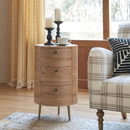 HULALA HOME Round End Table with 3 Storage Drawers, Mid Century Modern Sofa Side Table with Metal Legs, Farmhouse Wood Small Side Table for Living Room, Bedroom and Small Spaces, Oak - color: Oak