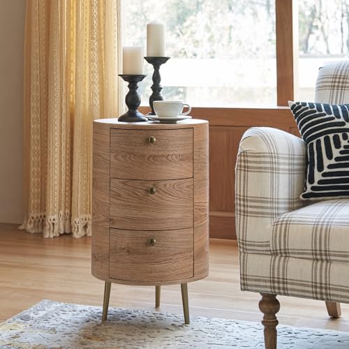 HULALA HOME Round End Table with 3 Storage Drawers, Mid Century Modern Sofa Side Table with Metal Legs, Farmhouse Wood Small Side Table for Living Room, Bedroom and Small Spaces, Oak - color: Oak