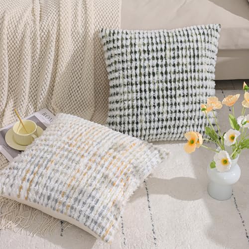 LUOYEHK Boho Throw Pillow Covers 18x18 Inch Set of 2 Farmhouse Neutral Pillow Covers Chenille Tufted Pillowcase for Couch Sofa Bed Living Room, Green White - color: Green White, size: 18" x 18" (Pack of 2)