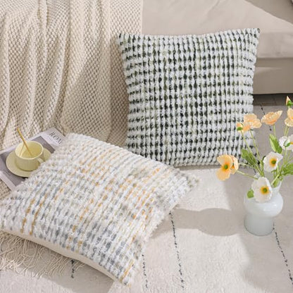 LUOYEHK Boho Throw Pillow Covers 18x18 Inch Set of 2 Farmhouse Neutral Pillow Covers Chenille Tufted Pillowcase for Couch Sofa Bed Living Room, Green White - color: Green White, size: 18" x 18" (Pack of 2)