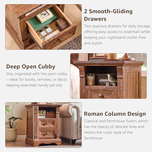 Nightstand Set of 2, 18"Wooden End Table with Charging Station Roman Column | Sofa Side Table Bedside Cabinet for Bedroom, Living Room, Reclaimed Barnwood - color: Reclaimed Barnwood, size: 18"D x 18"W x 24"H