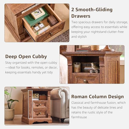 Nightstand Set of 2, 18"Wooden End Table with Charging Station Roman Column | Sofa Side Table Bedside Cabinet for Bedroom, Living Room, Reclaimed Barnwood - color: Reclaimed Barnwood, size: 18"D x 18"W x 24"H