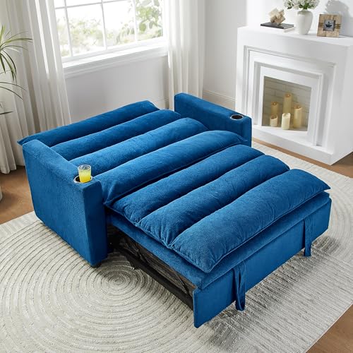 SLEERWAY 3 in 1 Convertible Sleeper Sofa Bed, 56.3" W Easy Pull Out Couch Bed with Dual Cup Holders, Comfy Thick Padding Futon Loveseat with Adjustable Backrest for Living Room Small Space (Blue) - color: Blue, size: 56.3"
