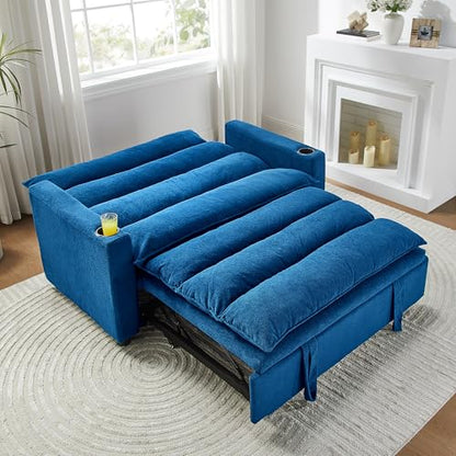 SLEERWAY 3 in 1 Convertible Sleeper Sofa Bed, 56.3" W Easy Pull Out Couch Bed with Dual Cup Holders, Comfy Thick Padding Futon Loveseat with Adjustable Backrest for Living Room Small Space (Blue) - color: Blue, size: 56.3"
