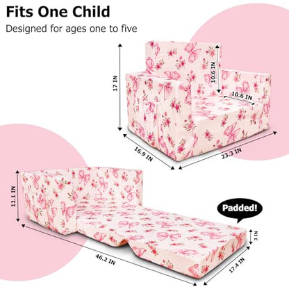 Kids Couch, 2-in-1 Kids Fold Out Couch | Convertible Sofa to Lounger for Girls and Boys, Soft Toddler Chairs Comfy 1-3 Years Old, Pink Bow - color: Pink Bow