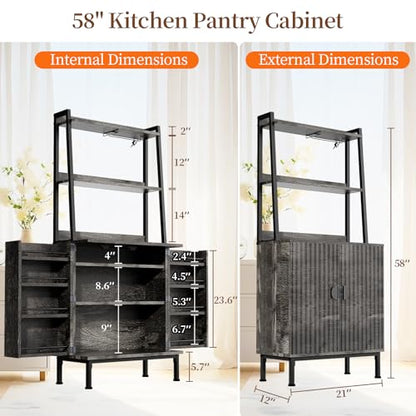 58” Pantry Cabinets with Microwave Shelves, Freestanding Kitchen Storage Cabinet with Adjustable Shelves, Buffet Cupboards for Kitchen, Dining Room, Living Room Use, Dark Gray Oak - color: B-58" Dark Grey