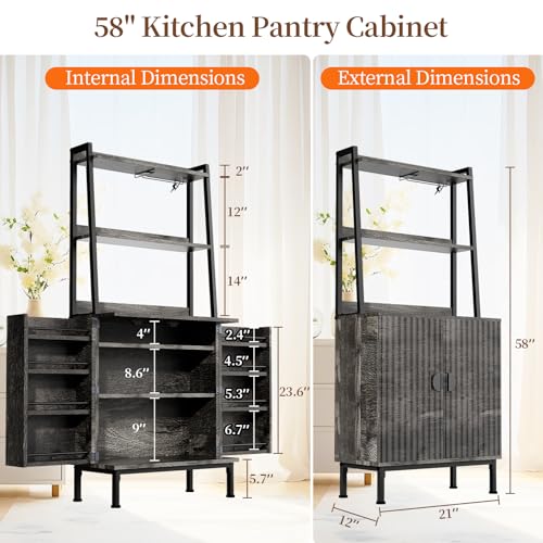 58” Pantry Cabinets with Microwave Shelves, Freestanding Kitchen Storage Cabinet with Adjustable Shelves, Buffet Cupboards for Kitchen, Dining Room, Living Room Use, Dark Gray Oak - color: B-58" Dark Grey