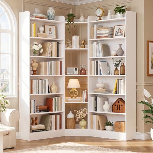 Unikito 71.3" Tall Corner Bookshelf Etagere Bookcase with Baffle, White | Large L-Shaped Asymmetric 7 Tiers Freestanding Storage Organizer Display Stand Shelf for Home Office, Living Room - color: White